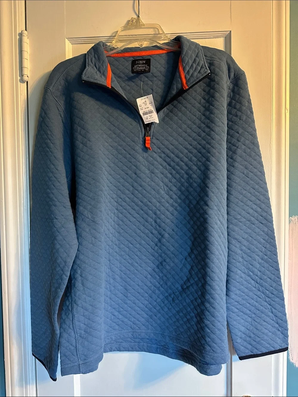 J. Crew Slate Blue Quilted Half-Zip Pullover with Orange Trim